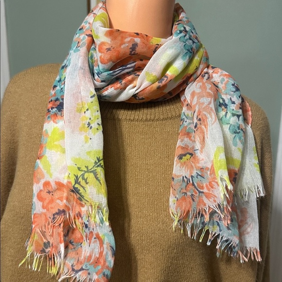 None Accessories - Floral Print Scarf with Orange and Green Accents